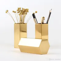 Hexagon Ołówek Uchwyt Ze Stali Nierdzewnej Słoik Sześciokątny Kwiat Maszyna Złoty Kwiat Wazon Metalowy Storage Box Home Organizer