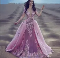 2020 maniche lunghe sexy della Borgogna rosa della sirena del merletto Gala Prom Dresses staccabile rimovibile Gonna floreale indiani overskirt Prom Abiti da sera