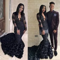 Gothic Black Mermaid Prom Dresses 2K19 3D Rose Sweep Train Evening Gowns South African V Neck Sheer Long Sleeves Formal Party Dress