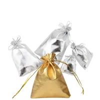 50 unids / lote Silver Gold Foil Cloth Drawstring Bags Pequeñas bolsas de joyería Organizador Satén Regalo de bodas de Navidad Joyería Bolsa de la bolsa