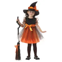 Girls Halloween Partment Dress Witch Plays Cosplay Costume Dot Partded кружева сетчатые платье Детские дизайнер одежды Magic Hat девушки наряды 2-15т