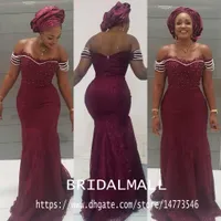 2020 Sexy Burgundy Lace Mermaid Prom Dresses African Plus Size Off Shoulder Pearls Long Formal Evening Dress Aso Ebi Style Long Party Gowns