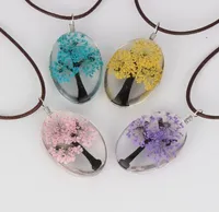Oval Shape Glass Dried Life Tree Pendant Necklace for Women Leather Chain Gem Handmade Flower Jewelry 6 Color Girls Necklaces