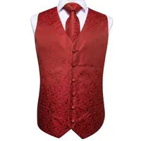 Set Festa Moda Classic Red Paisley Silk Jacquard Colete Vest Laço bolso Abotoaduras Quadrado de Homens Fast Shipping casamento MJ-0013