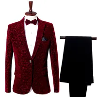 Uomini Blazers + pantaloni vino rosso velluto Giacca Borgogna Giacca Costume Homme Mens Stage di usura floreale