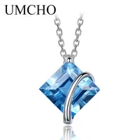 Toptan-UMCHO 3.4CT Doğal Mavi Topaz Taş Kolye Kolye Kadınlar Için Hakiki 925 Ayar Gümüş Kolye Düğün Hediyesi Için