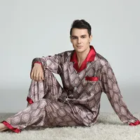 Printed Men Silky Satin Pajamas Pyjama Set Spring Summer Full Sleeve 2PCS Sleepwear Sleep Suit Large Size L-3XL Nightwear