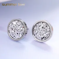 2019 New Titanium Steel Stud Earrings for Women Men Fashion 12mm Handmade Round Crystal Druzy Earrings Trendy Simple Jewelry Gift