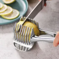 Tomat citron slicer hållare vegetabiliska verktyg runda frukter lök shredder cutter guide tang med handtag kök skärpotatis lime matställ