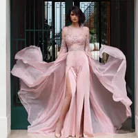 2020 Blush Calça Rosa Terno Vestidos de Baile com Chiffon Overskirts Lace Applique Pescoço Macacão Jumpsuit Evening Party Dress Sexy Backless
