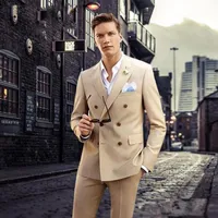 New Khaki Homens Suits do Noivo Do Casamento Smoking com Duplo Breasted 2 Peças (jaqueta + Calças) Ternos de dama de honra Melhor homem Blazer 182