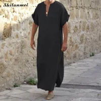플러스 사이즈 5XL 4XL 무슬림 남성 이슬람 헝겊 Jubah Thobe Roves Kaftan Pocket Solid Arabic Dubai Summer Short Sleeve Abaya 의류