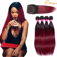 Dos tonos Borgoña Paquete de cabello humano Virgin peruano Malasia Ombre Retunse Weaves con cierre de encaje 1b 99j Vino de color rojo extensiones de color