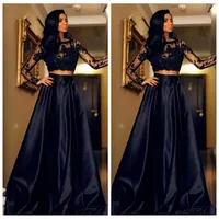 Black Lace Aplikacje Długie Rękawy A-Line Prom Dresses Dwa kawałki 2019 Formalne Vestiods De Festa Top Wieczór Party Suknie Specjalne okazja Dres