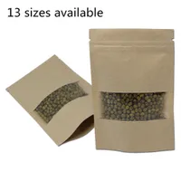 Brown Kraft Paper Bag Doypack Zipper Package Party Snacks Tea Coffee Storage Pouches Stand Up Packaging Bags With Clear Plastic Window