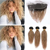 Kinky Curly # 1b / 27 Honey Blonde Ombre Brasilianska Virgin Human Hair Weaves 3bundles With Frontal Closure 2tone Ombre 13x4 Full Lace Frontal