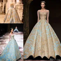Michael Cinco 2019 Gold Lace Ball Gown Prom Queen Dresses Modest Illusion Long Sleeve Sky Blue Plus Size Dubai Arabic Evening Dress