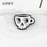 GDHY White Skeleton Coffee Cup Brooch Enamel Pin Skull Cup Death&#039;s Skull Cafe Lapel Shirt Brooch Emblem Halloween Gift