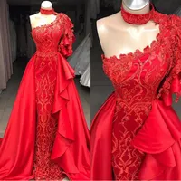 2019 плюс размер русалка красный один плечо длинные вечерние платья кружева аппликации из бисера с съемной юбкой выпускной платья BC0693