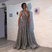 Grijze Plus Size Sequined Jurken Goedkope Lange Elegante Arabische Avond Formele Jurken 2018 Prom Dresses 2019 V-hals Abendkleider Vestido de Festa
