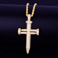 Mäns Nail Shape Cross Pendant Halsband med Rope Chain Cubic Zirconia Hip Hop Street Rock Smycken