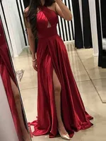 Simple Burgundy Prom Dresses 2020 Pleats Sleeveless Sweep Train Front Slit Evening Gowns Party Maxys Sexy Long Prom Dress