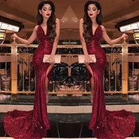 2019 BURGUNDY V Neck-Sequin Mermaid Prom Dresses Split High Slits Vestidos de Fiesta Sweep Train Formal Long Evening Party Prom Gowns BC0866