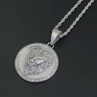 Fashion- lion head diamonds pendant necklaces for men western animal luxury necklace Stainless steel Cuban chain round dog tag jewelry