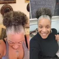 Afro 4c Curly Grey Human Hair Ponytail Hårstycke för gammal kvinna Salt och peppar Kort Hög Puff Upd Human Hair Pony Tail 120g