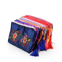 Double Embroidered Rectangle Zipper Bags Coin Purse Party Favor Tassel Satin Gift Packaging Bags Women Cell phone Purses 10pcs/lot