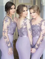Nya Lilac Bridesmaid Dresses Mermaid Sheer Neck Långärmade Sweep Train Brudtärna Klänningar Med Lace Applique Illusion Back Formal