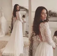 Sexy Backless 2020 A Line Boho Wedding Dresses Lace Long Sleeves Beach Chiffon Skirt Plus Size Bridal Gowns