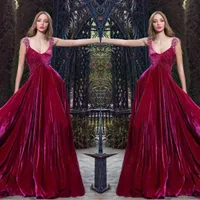 Rami Salamoun Red Prom Dresses A Line Scoop Hals Spitze Appliques Perlen Samt Abendkleider Formale Designer Party Kleider