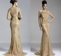2019 Cheap Mother Off Bride Dresses Mermaid Jewel Neck Long Sleeves Gold Lace Appliques Beaded Plus Size Wedding Guest Dresses Mother Dress