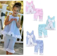 Set di abbigliamento per ragazze INS Vestiti per bambini per bebè Piumini arricciati Pantaloni per bambini Completi per camicie Grid Shorts Girl Summer Fashion Petal Outfits 2019 BY0753