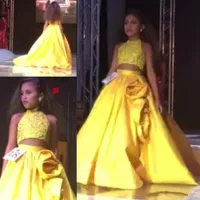 2020 Sparkly Two Pieces Girls Pageant Jurken Halter Hals Pailletten Crop Top Yellow Flower Girls Kids Formele Toga Handgemaakte Bloem