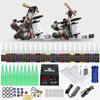 Complete Tattoo Kits Power Supply 2 Machine Guns Disposable Needles Grips Tips D175GD-15