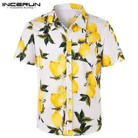 Mend Beach 하와이 셔츠 레몬 인쇄 코튼 버튼 반소매 탑 2019 Streetwear 남성 캐주얼 셔츠 Camisa Incerun S-5XL