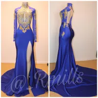 Royal Blue High Neck Mermaid Prom Dresses Gold Lace Appliques Long Sleeve Front Split Burgundy Evening Party Dress Formal Gown BC1656