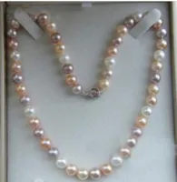 18" 9-10mm AKOYA NATURAL WHITE PINK PURPLE PEARL NECKLACE 925silver