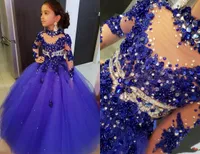 2020 Royal Blue Girls Pageant Dress Princess Manga larga con cuentas Cristales Partido Magdalena Joven Bonito Pequeño Niños Celebridad Flor Vestido