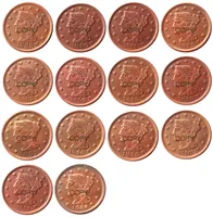 Monety amerykańskie Pełny zestaw (1839-1852) 14 sztuk Różne daty w postanowieniu Plecione Włosy Duże centów 100% Copper Copy Coins