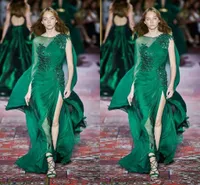 Zuhair Murad 2020 Collection Dark Green Evening Dresses Long Sleeve Crew Neck Chiffon Sweep Train Formal Occasion Prom Event Party Dress 108
