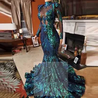 Длинный рукав Высокое выпускное платье по склону выпускного вечера Изумрудное зеленое кружево вечернее платье 2020 Формальные платья 2021 Бисером Vestido Sirena Largo