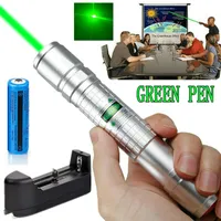 Silver kraftfull 10mile grön laserpekare penna 5mw 532nm Militär Laser Penpekare Astronomi Beam Light Pet Toy + 18650 Batteri + Laddare