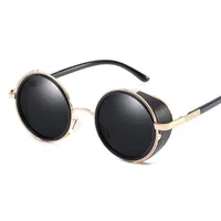 Cuero de lujo Steampunk Gafas Black Round Vintage Brand Designer Sunglasses Hombres Mujeres círculo gafas góticas UV400 Tintado Lentes