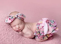 Hot Summer Spädbarn Barn Småbarn Baby Floral Tryckta Bomull Blomar Shorts Tjejer PP Byxor + Bowknot Headband Barn Outfits 2pcs Sets