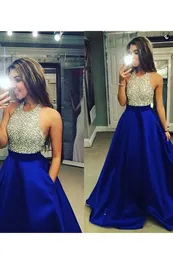 Royal Blue A Line Prom Party Dresses Crystal Beaded Sequins Occasce Graduation Gowns Lång Evening Klänningar Formell Pagant Gäster Satin Custom