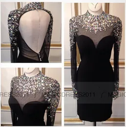 Seksi Kokteyl Elbiseleri 2019 Uzun Kollu Kılıf Backless Rhinestone Yüksek Boyun Mezuniyet Elbise Robes de Kokteyl