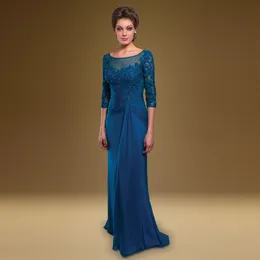 Royal Blue Szyfonowa Matka panny młodej Suknie Sexy Illusion Frezowanie Suknia Wieczorowa Koronki Kobiety Prom Suknie z Rękawami Vestido de Madrinha 46